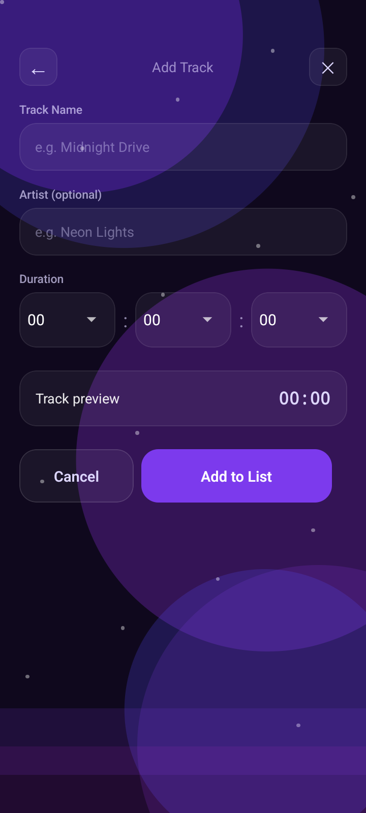 TuneCount add track screen